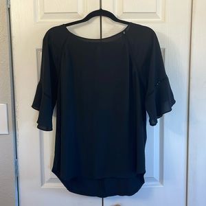 LOFT Black Top. Bell Sleeves. Crocheted Accents. Cotton Back. Size L.